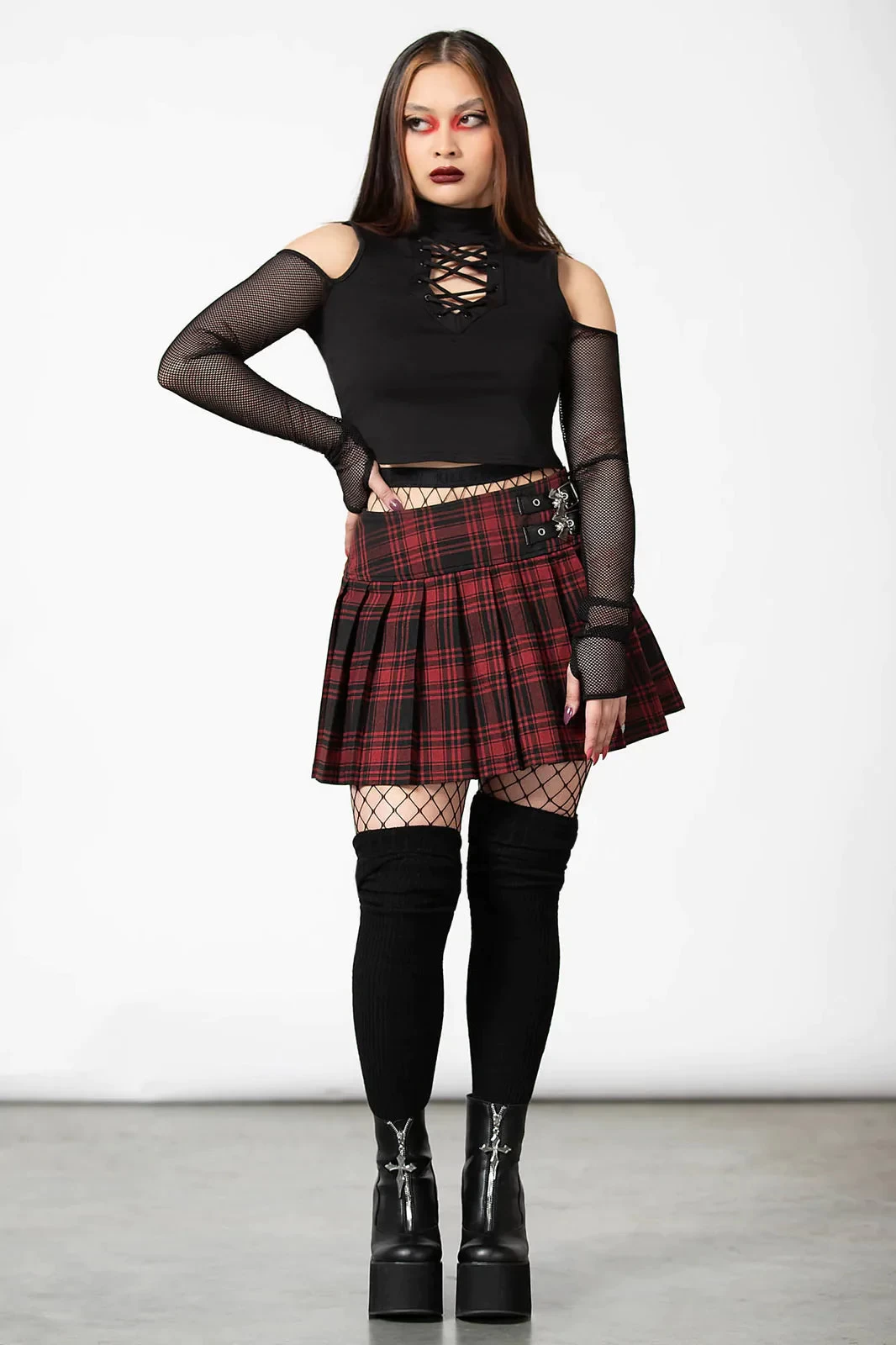 Killstar Bat Girl Skirt Red Tartan With Statement Buckles - Image 10