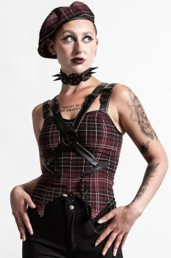 Killstar Jaded Strap Top In Blood Tartan
