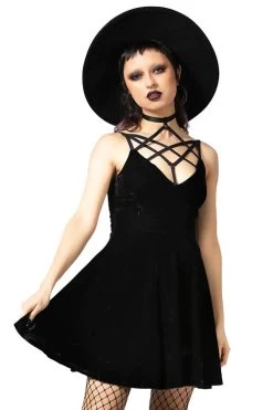 Killstar Magica Dress In Black Velvet With Harness Detailing