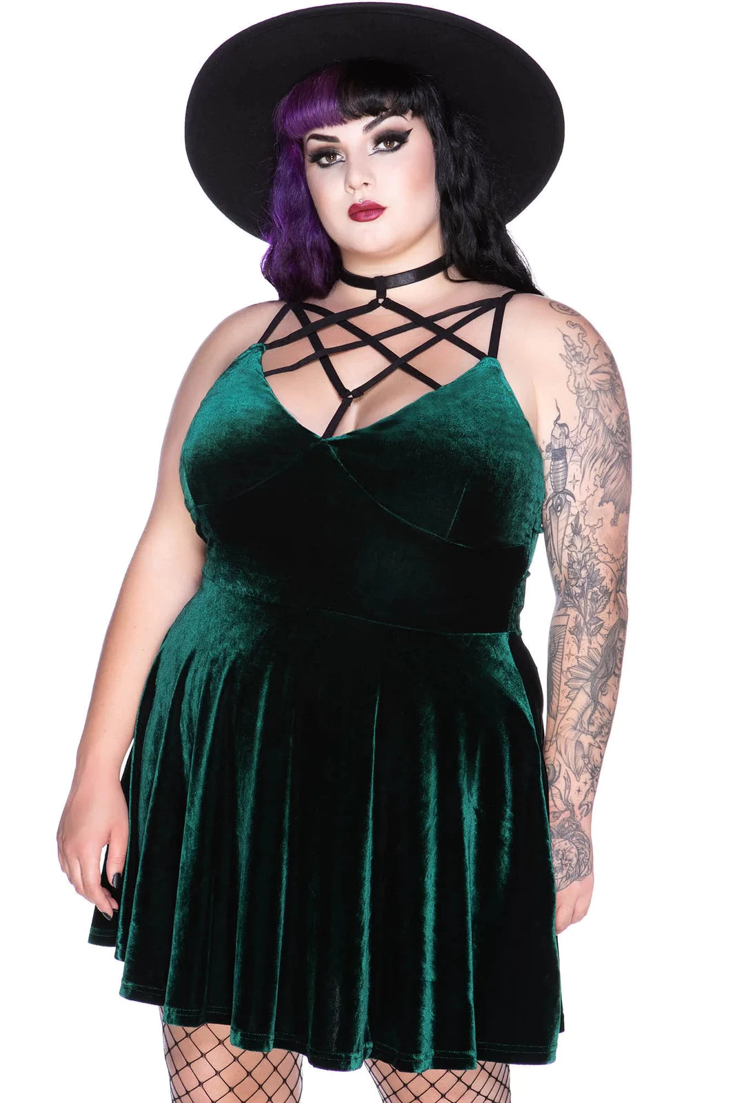 Killstar Magica Dress In Emerald Green Velvet With Harness Detailing - Image 5