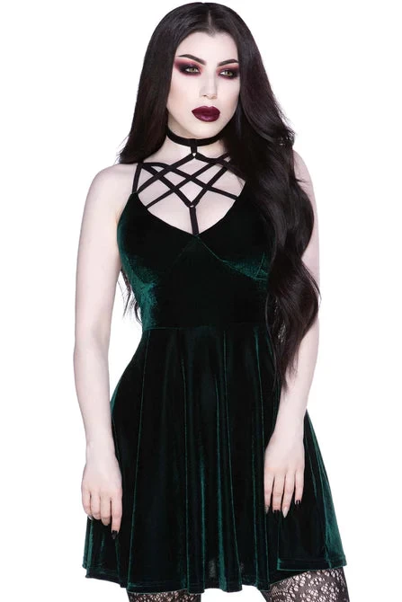 Killstar Magica Dress In Emerald Green Velvet With Harness Detailing - Image 3