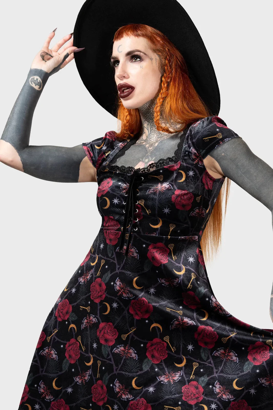 Killstar Morgaine Dress In Print Velvet With Lace-up Bust Detail - Image 2