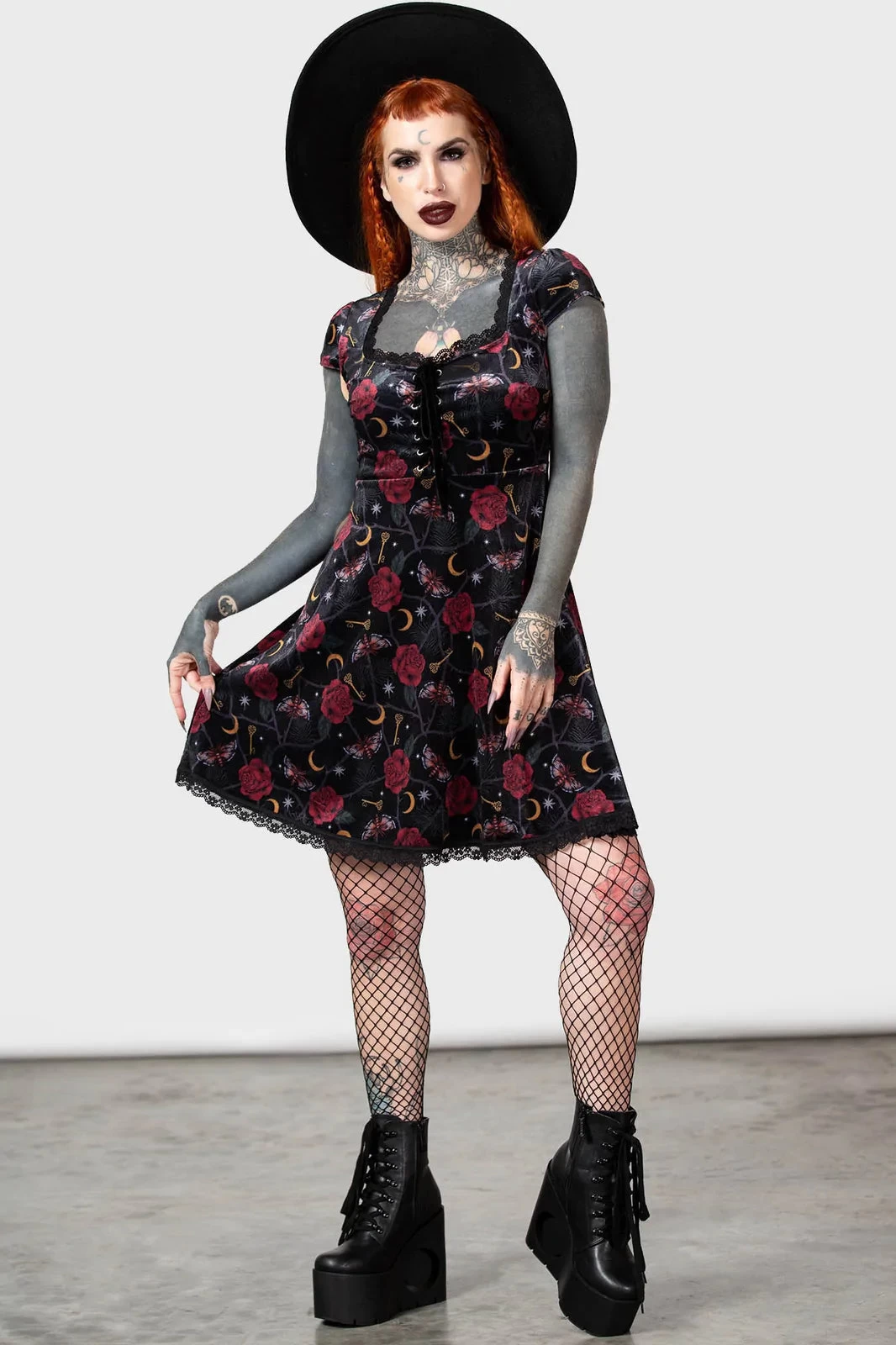 Killstar Morgaine Dress In Print Velvet With Lace-up Bust Detail - Image 4