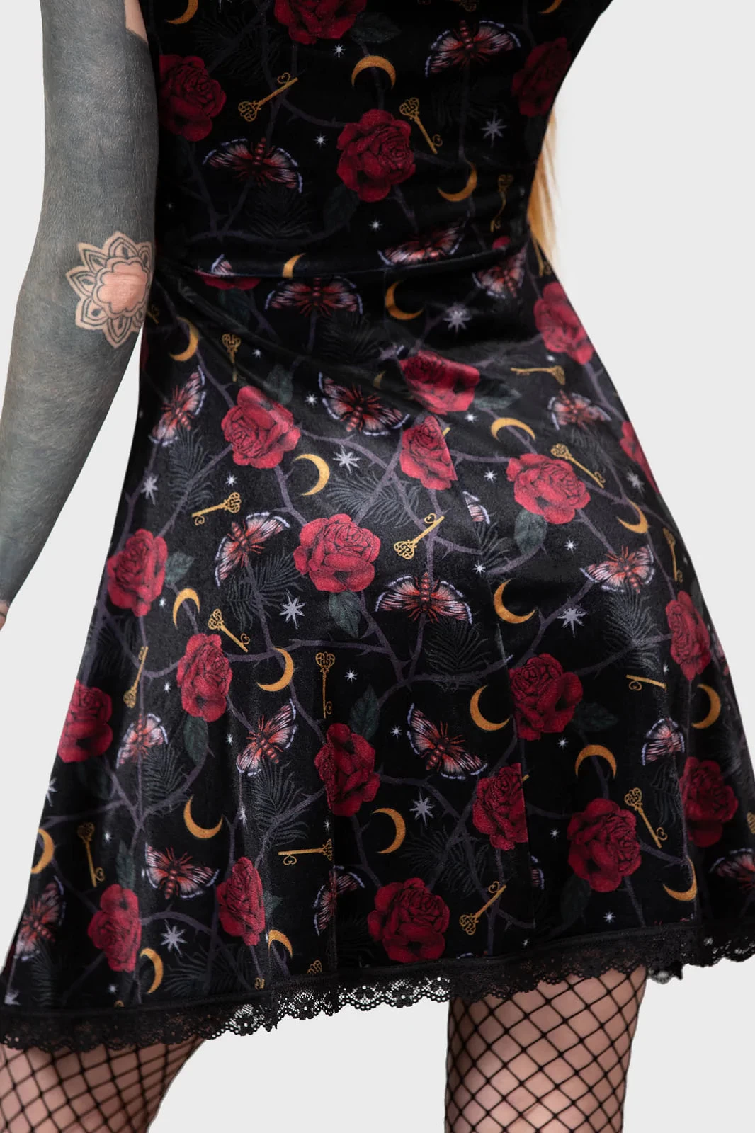 Killstar Morgaine Dress In Print Velvet With Lace-up Bust Detail - Image 6