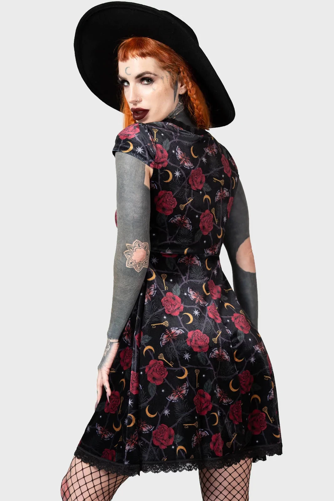 Killstar Morgaine Dress In Print Velvet With Lace-up Bust Detail - Image 7