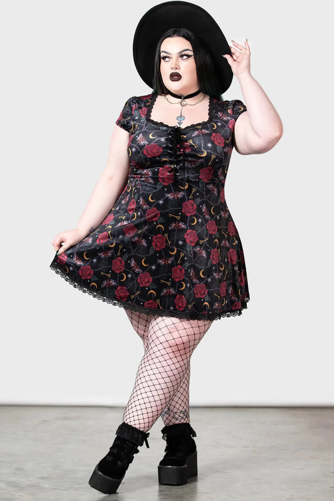 Killstar Morgaine Dress In Print Velvet With Lace-up Bust Detail - Image 8