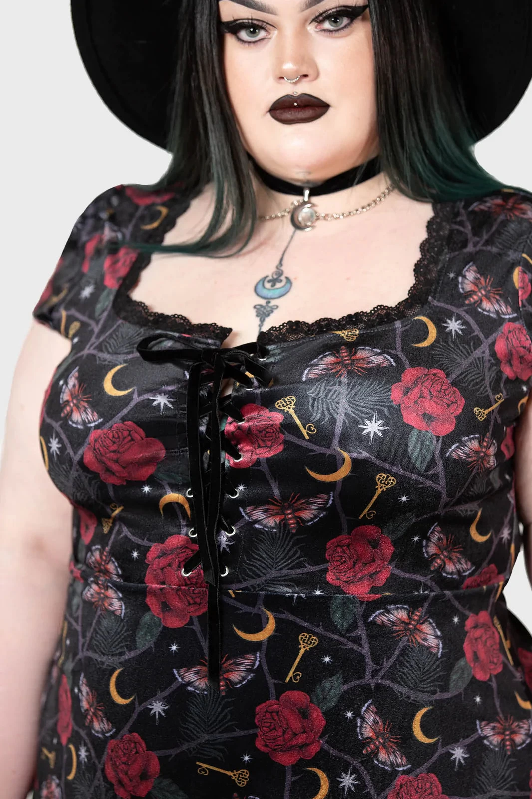 Killstar Morgaine Dress In Print Velvet With Lace-up Bust Detail - Image 9