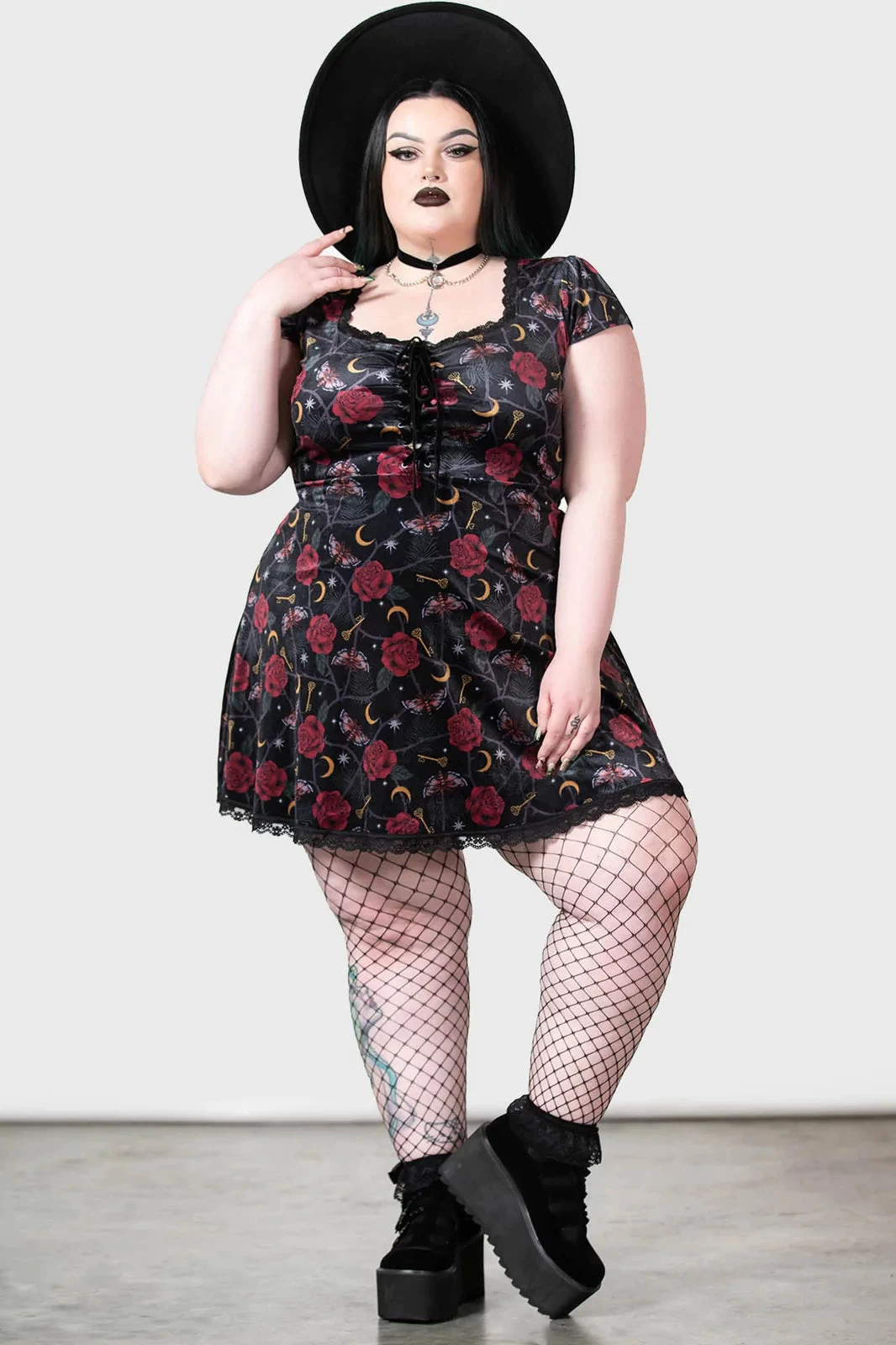 Killstar Morgaine Dress In Print Velvet With Lace-up Bust Detail - Image 10