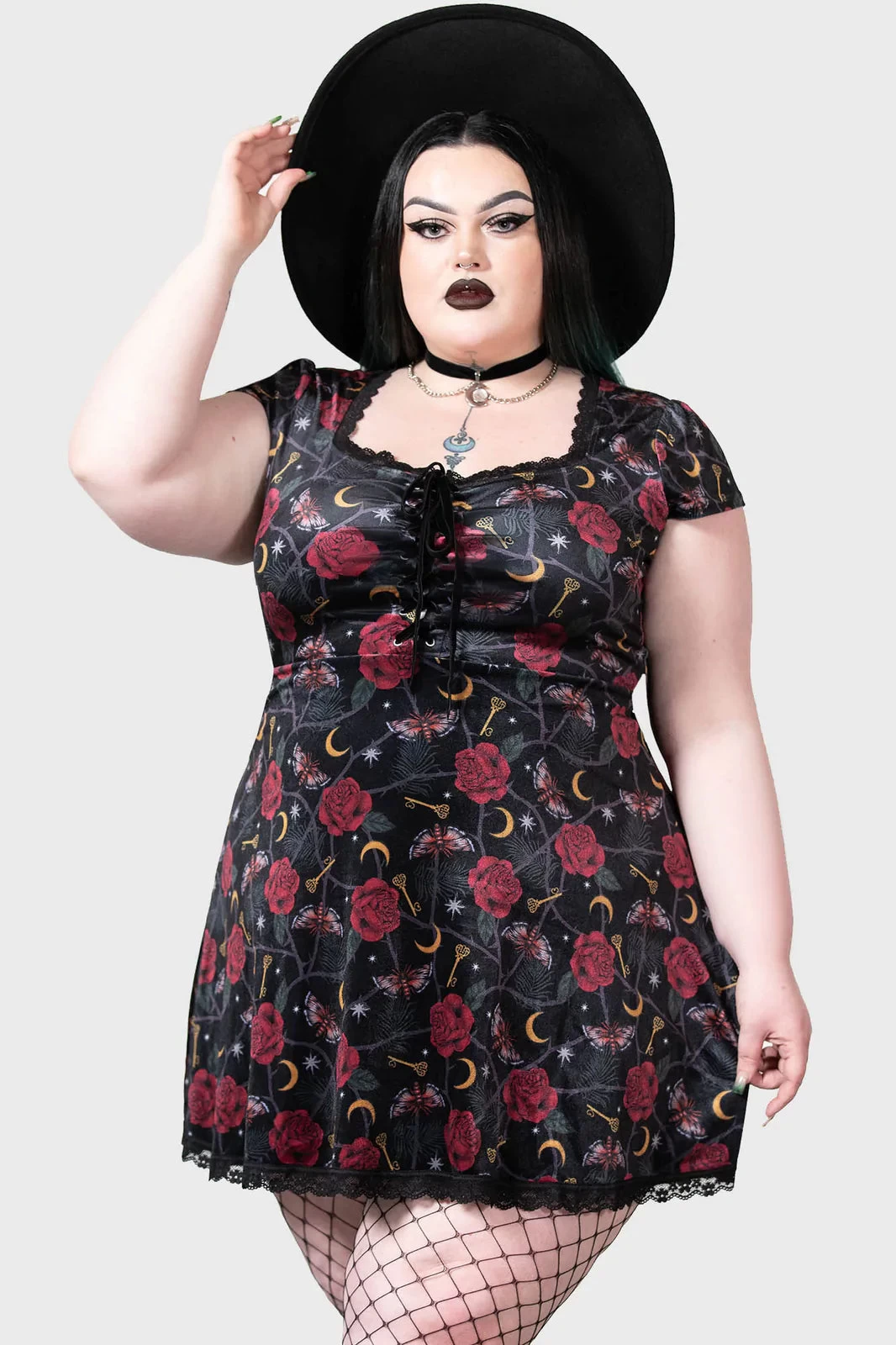 Killstar Morgaine Dress In Print Velvet With Lace-up Bust Detail - Image 11