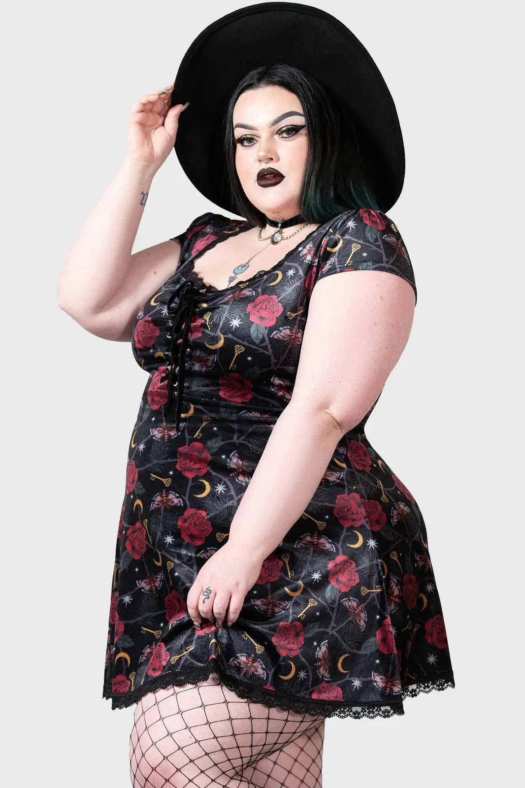 Killstar Morgaine Dress In Print Velvet With Lace-up Bust Detail - Image 12