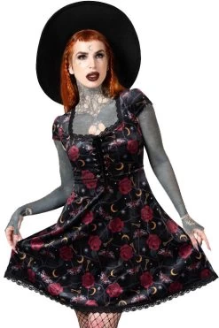 Killstar Morgaine Dress In Print Velvet With Lace-up Bust Detail