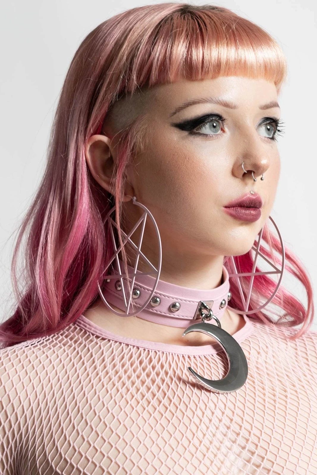 Killstar Pentagram Hoop Earrings In Light Pink - Image 3