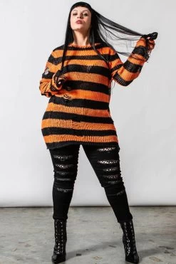 Killstar Pumpkin Punk Knit Sweater Black And Orange