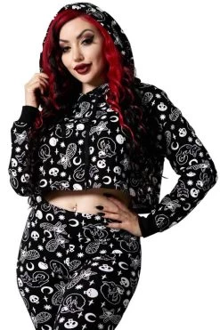 Killstar Purr Off Cropped Hoodie In Black Cat Print!