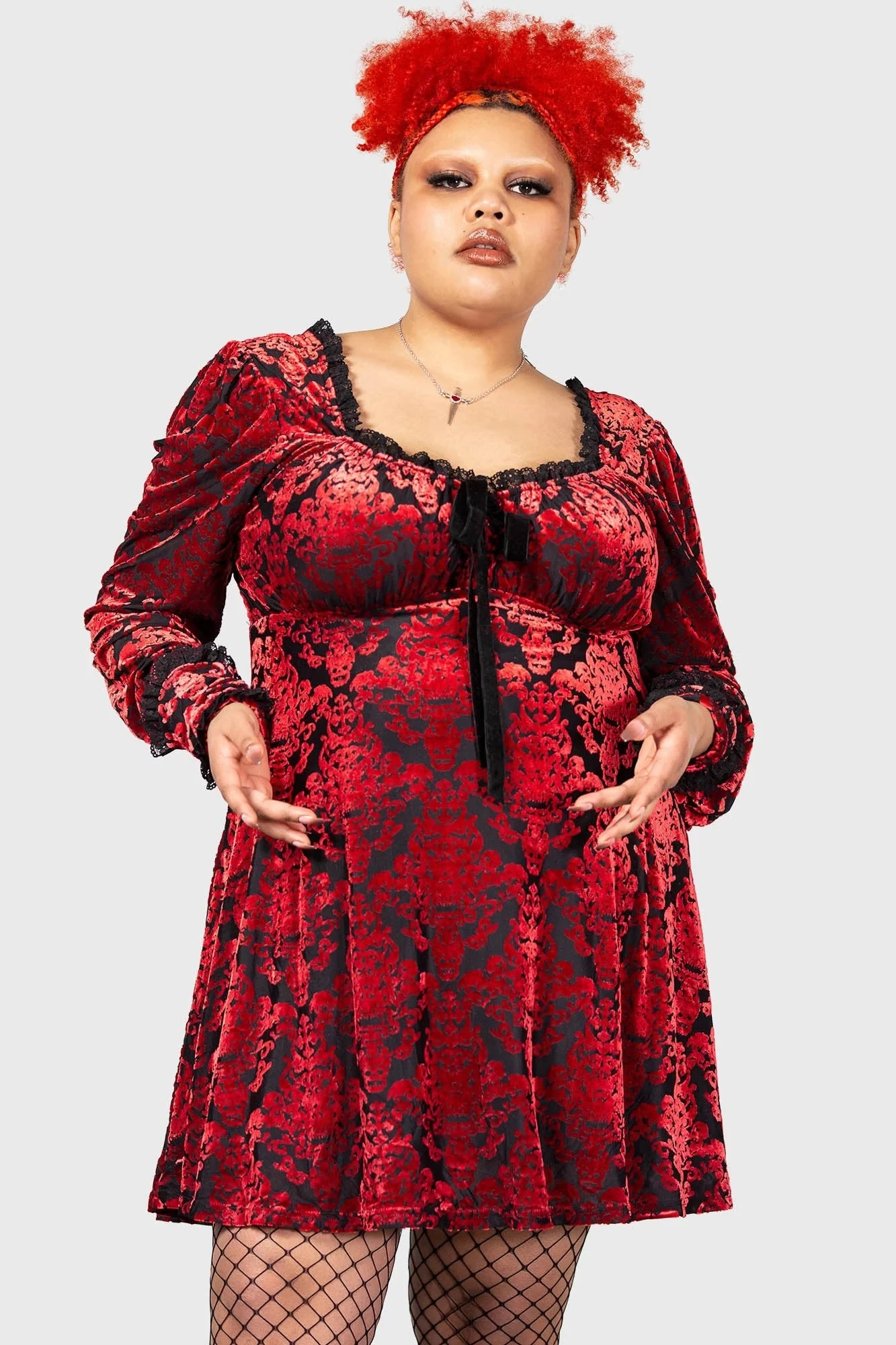Killstar Sitri Long Sleeve Dress Red Embossed Velvet Lush - Image 2