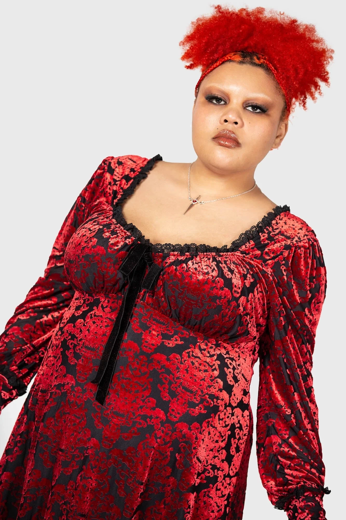 Killstar Sitri Long Sleeve Dress Red Embossed Velvet Lush - Image 3