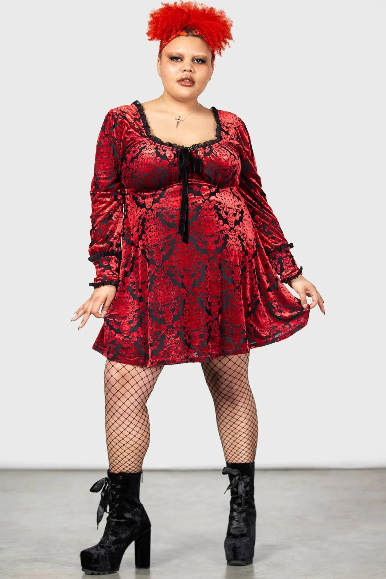 Killstar Sitri Long Sleeve Dress Red Embossed Velvet Lush - Image 4