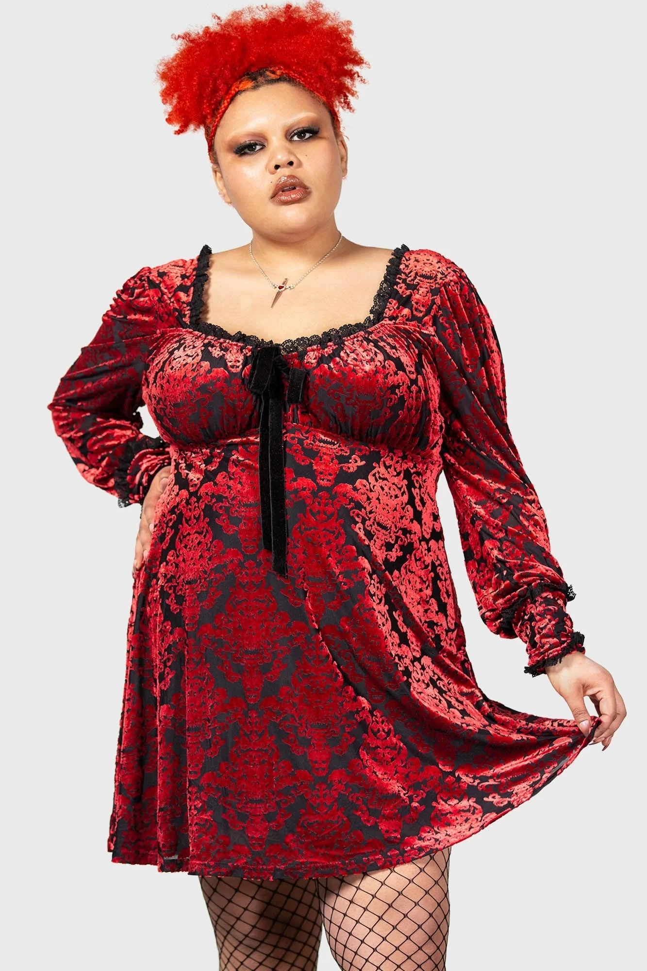 Killstar Sitri Long Sleeve Dress Red Embossed Velvet Lush - Image 5