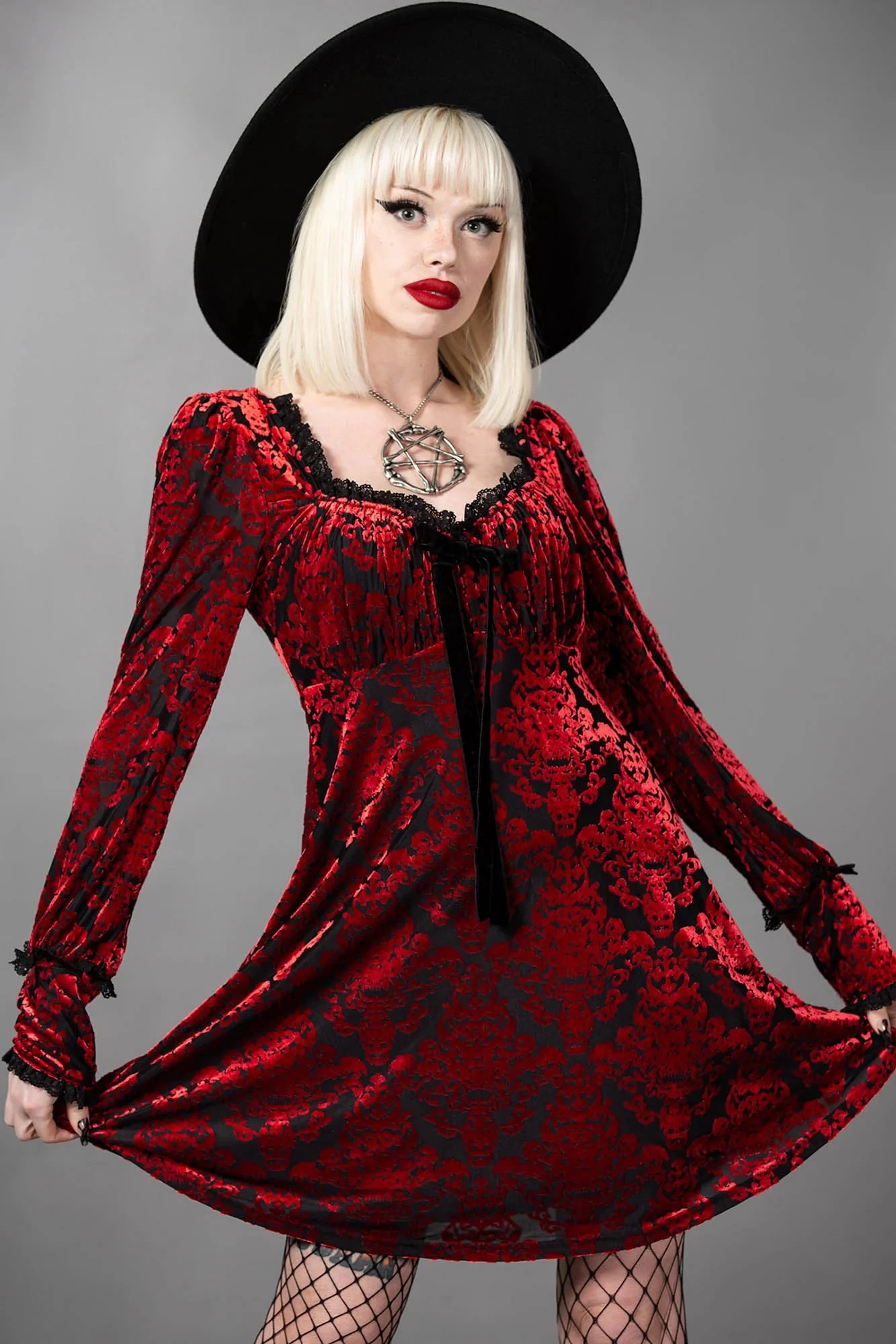Killstar Sitri Long Sleeve Dress Red Embossed Velvet Lush - Image 7