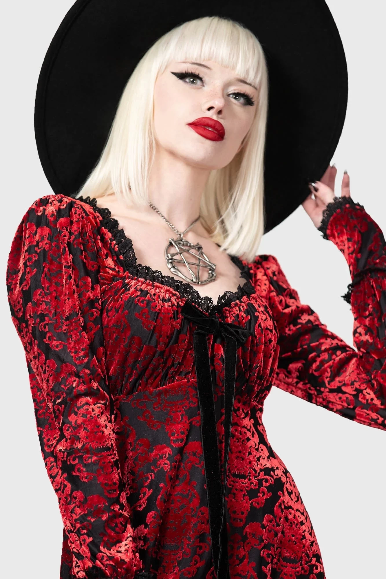 Killstar Sitri Long Sleeve Dress Red Embossed Velvet Lush - Image 8