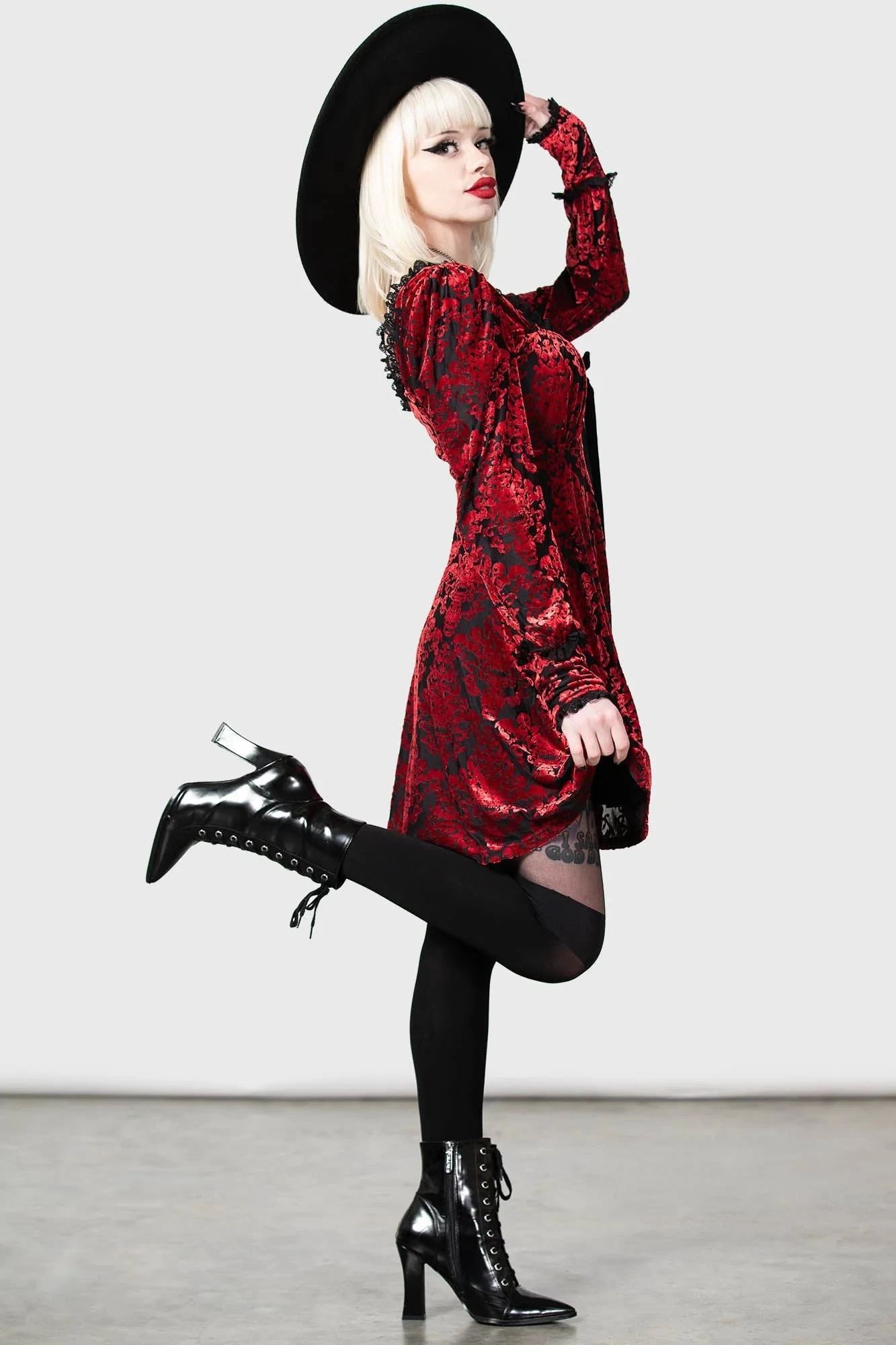 Killstar Sitri Long Sleeve Dress Red Embossed Velvet Lush - Image 10