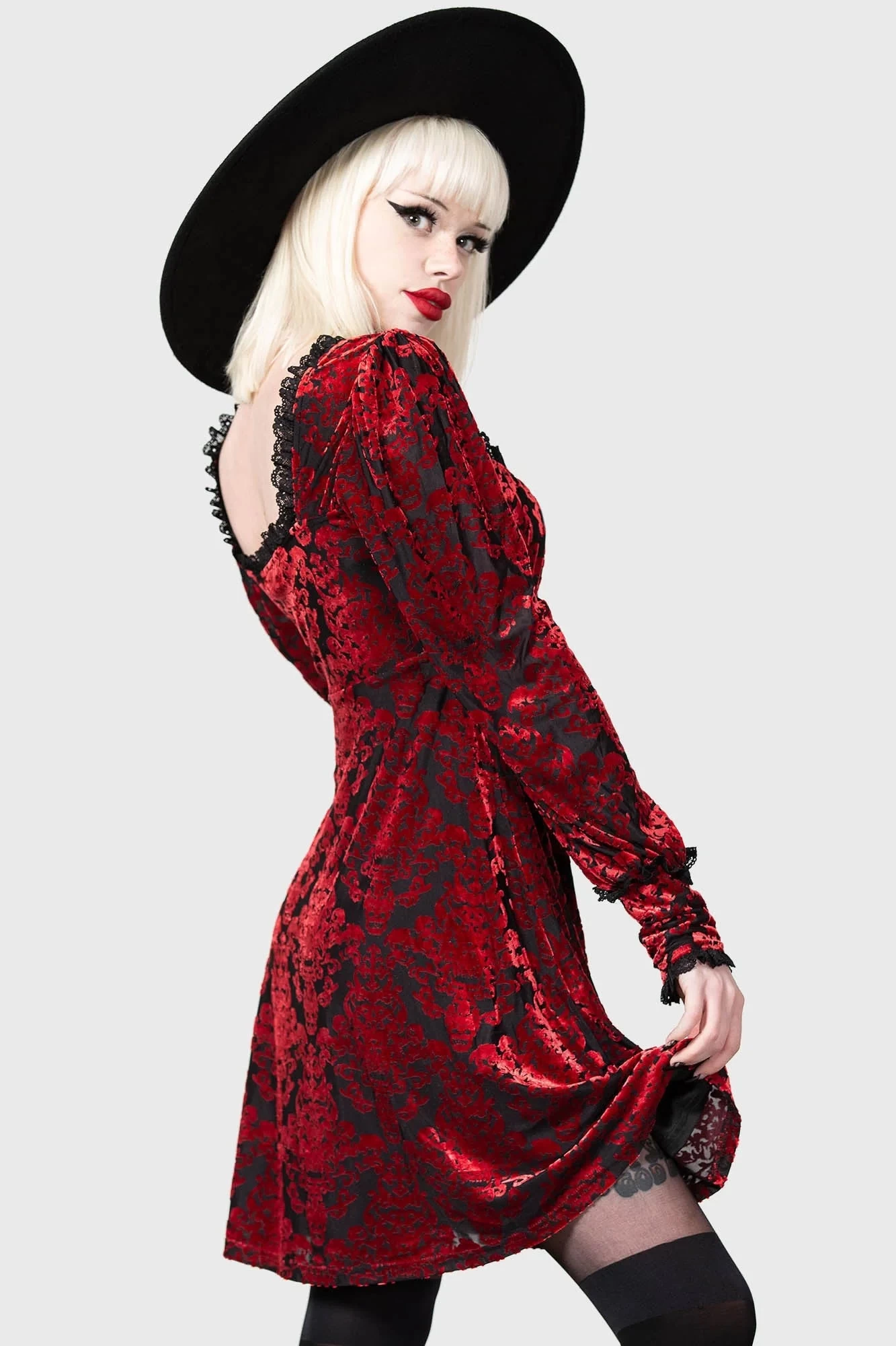 Killstar Sitri Long Sleeve Dress Red Embossed Velvet Lush - Image 11