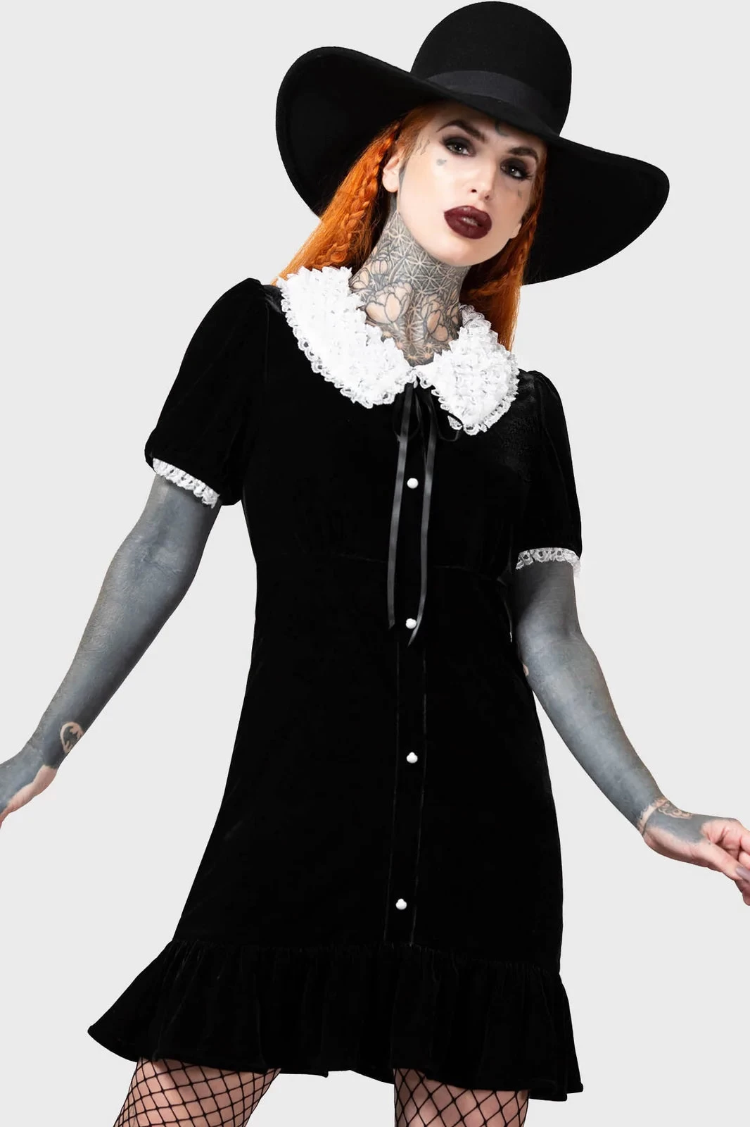 Killstar Trick N'Treat Dress In Black Velvet With Lace Collar - Image 9