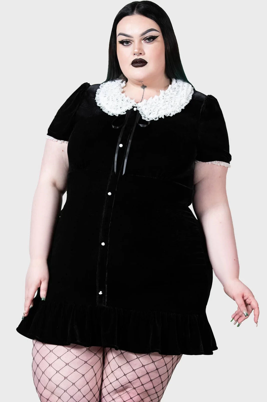 Killstar Trick N'Treat Dress In Black Velvet With Lace Collar - Image 5