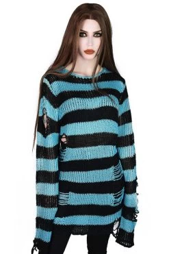 Killstar Tealaki Punk Knit Sweater Black And Teal