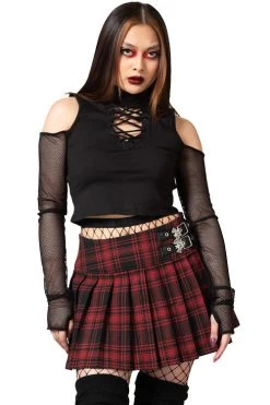 Killstar Bat Girl Skirt Red Tartan With Statement Buckles