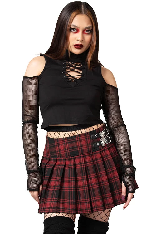Killstar Bat Girl Skirt Red Tartan With Statement Buckles